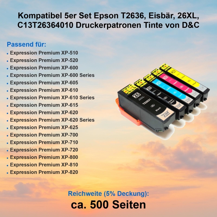 Kompatibel 5er Set Epson T2636, Eisbär, 26XL, C13T26364010 Druckerpatronen Tinte von D&C