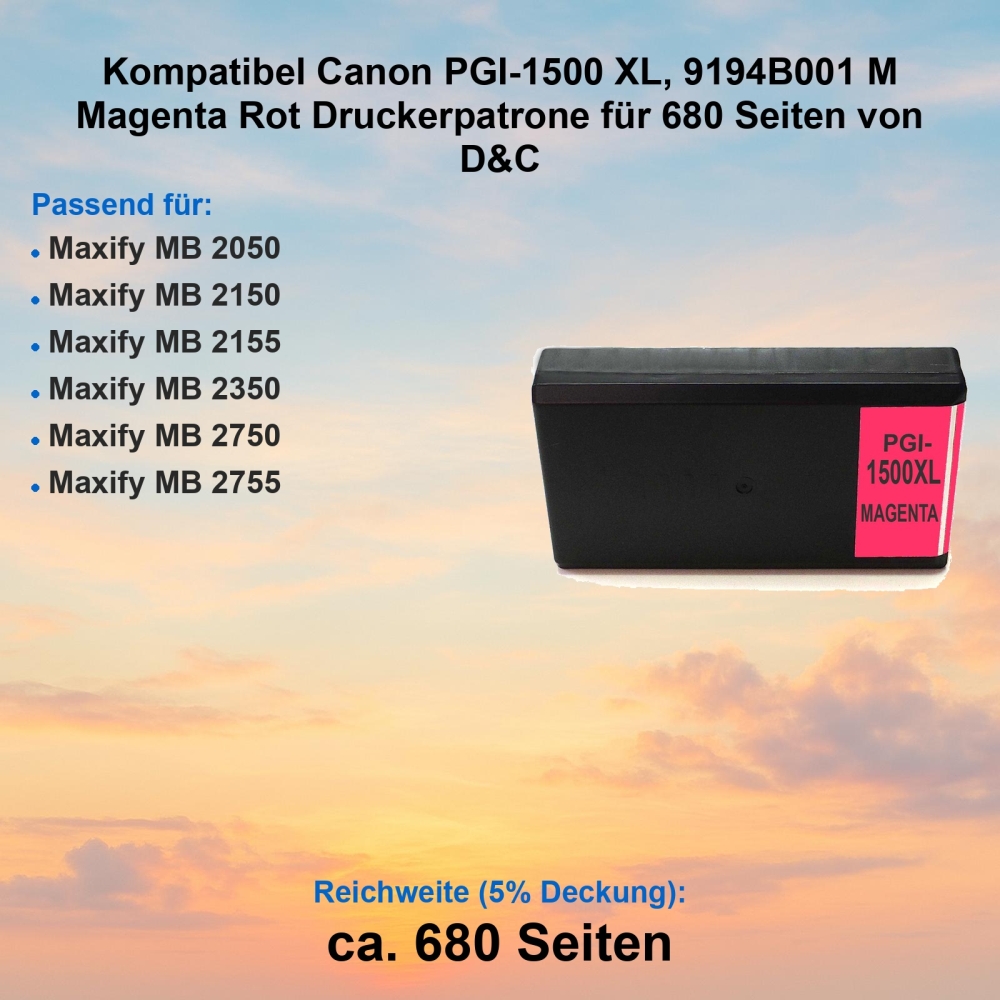 Kompatibel Canon PGI-1500 XL, 9194B001 M Magenta Rot Druckerpatrone für 680 Seiten von D&C