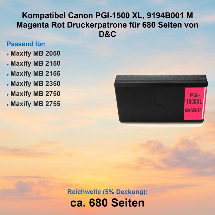 Kompatibel Canon PGI-1500 XL, 9194B001 M Magenta Rot...