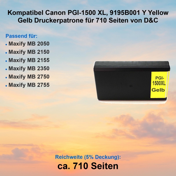 Kompatibel Canon PGI-1500 XL, 9195B001 Y Yellow Gelb Druckerpatrone für 710 Seiten von D&C