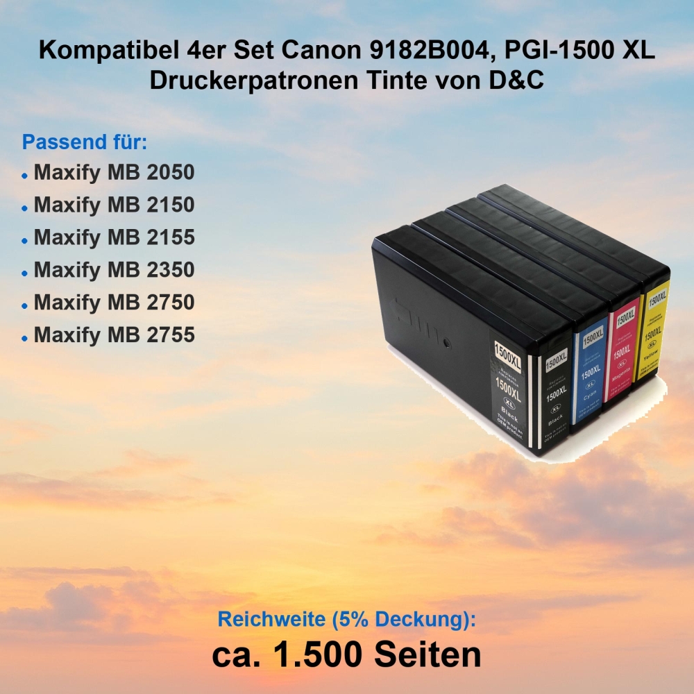 Kompatibel 4er Set Canon 9182B004, PGI-1500 XL Druckerpatronen Tinte von D&C