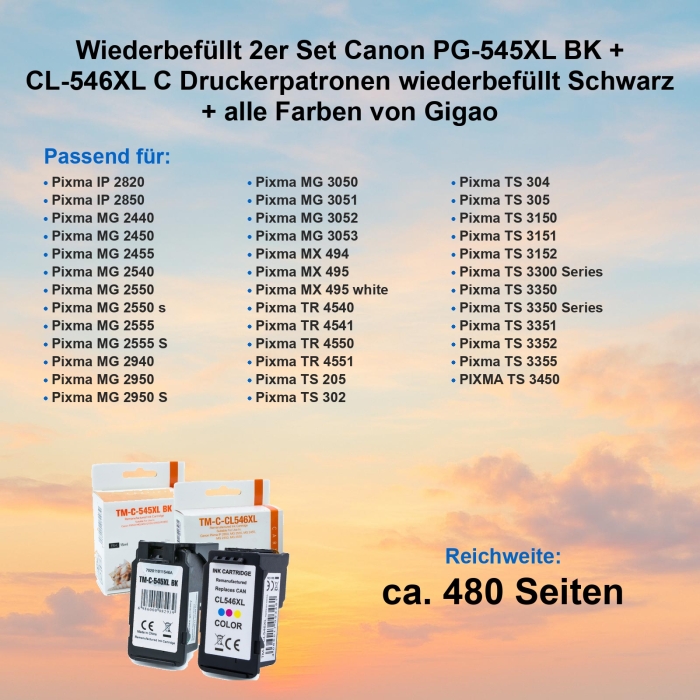 Kompatibel 2er Set Canon PG-545XL BK + CL-546XL C Druckerpatronen Schwarz + alle Farben von Gigao