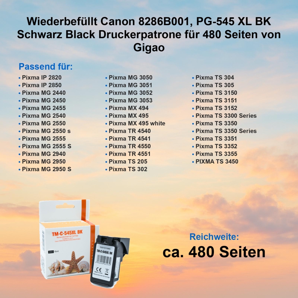 Kompatibel Canon 8286B001, PG-545 XL BK Schwarz Black Druckerpatrone für 480 Seiten von Gigao