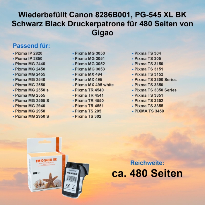 Kompatibel Canon 8286B001, PG-545 XL BK Schwarz Black...