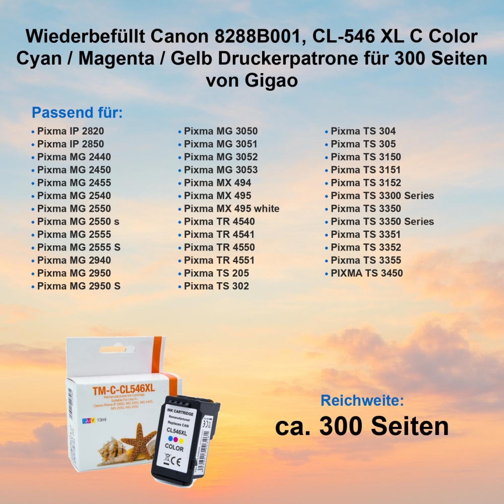 Kompatibel Canon 8288B001, CL-546 XL C Color Cyan / Magenta / Gelb Druckerpatrone für 300 Seiten von Gigao