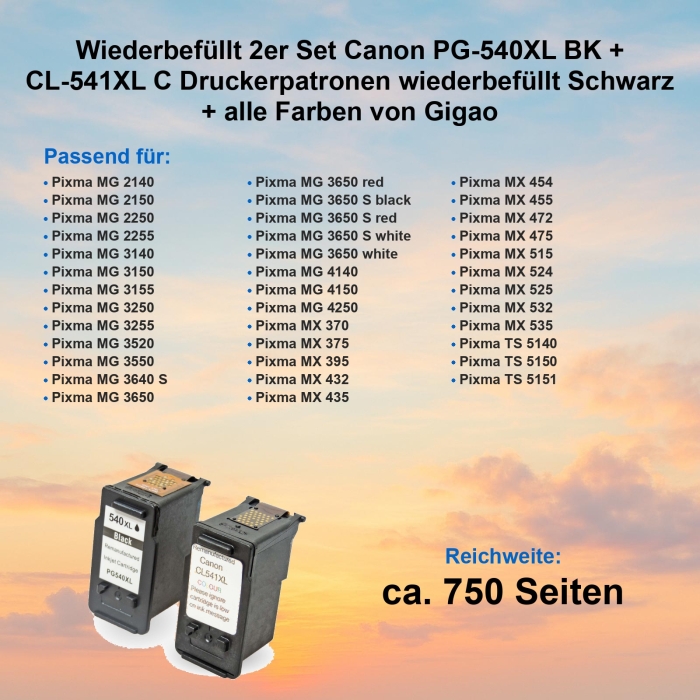 Wiederbefüllt 2er Set Canon PG-540XL BK + CL-541XL C Druckerpatronen wiederbefüllt Schwarz + alle Farben von Gigao