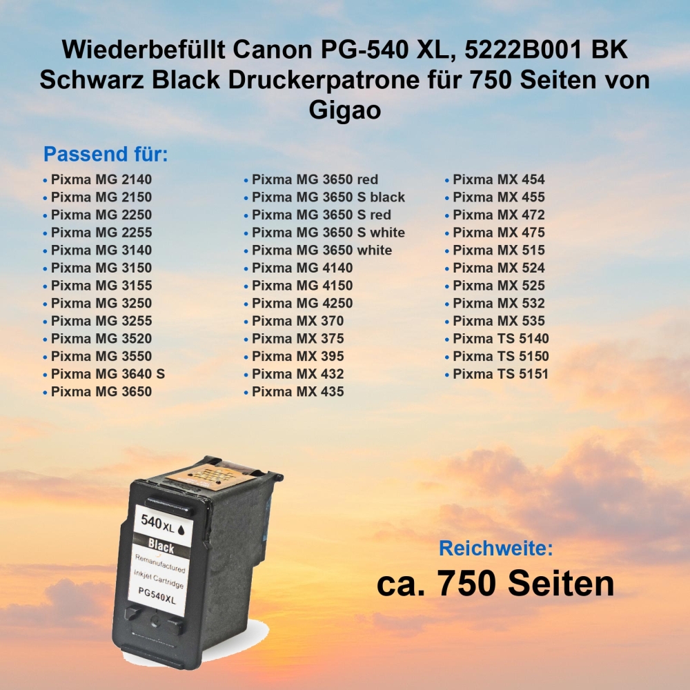 Kompatibel Canon PG-540 XL, 5222B001 BK Schwarz Black Druckerpatrone für 750 Seiten von Gigao