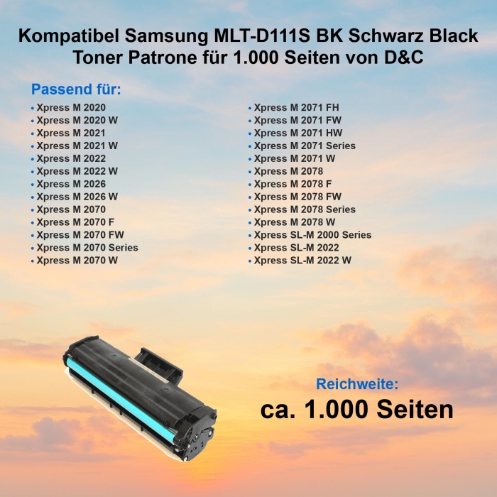 Kompatibel Samsung MLT-D111S BK Schwarz Black Toner Patrone für 1.000 Seiten von D&C