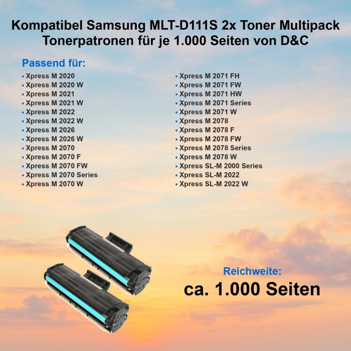 Kompatibel Samsung MLT-D111S 2x Toner Multipack Tonerpatronen für je 1.000 Seiten von D&C