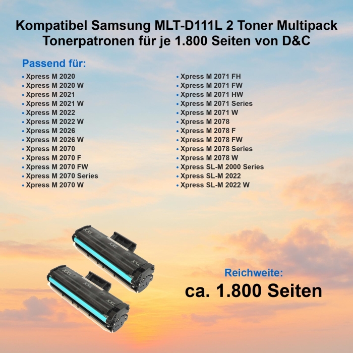 Kompatibel Samsung MLT-D111L 2 Toner Multipack XL-Tonerpatronen für je 1.800 Seiten von D&C