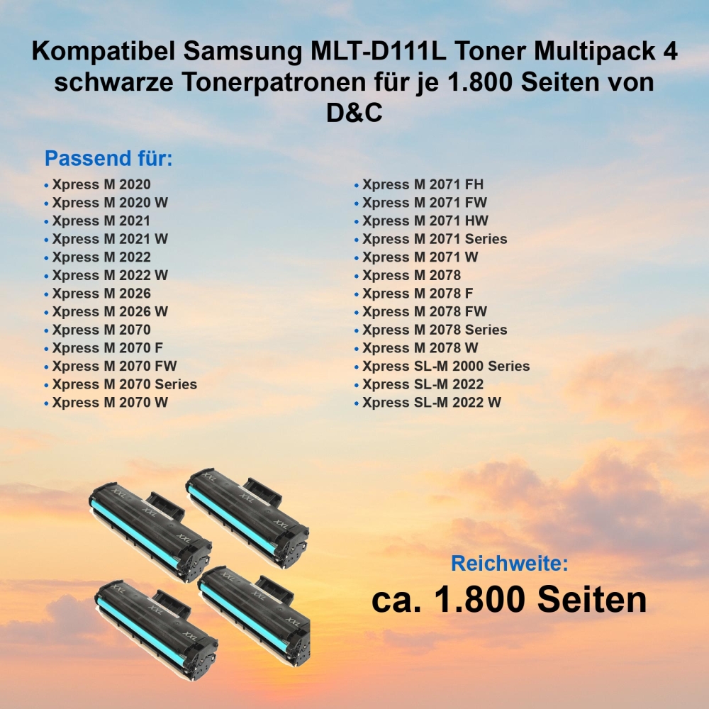 Kompatibel Samsung MLT-D111L Toner Multipack 4 schwarze XL-Tonerpatronen für je 1.800 Seiten von D&C
