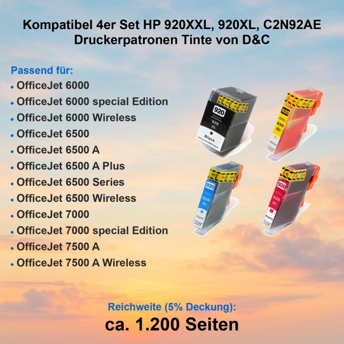 Kompatibel 4er Set HP 920XXL, 920XL, C2N92AE Druckerpatronen Tinte von D&C