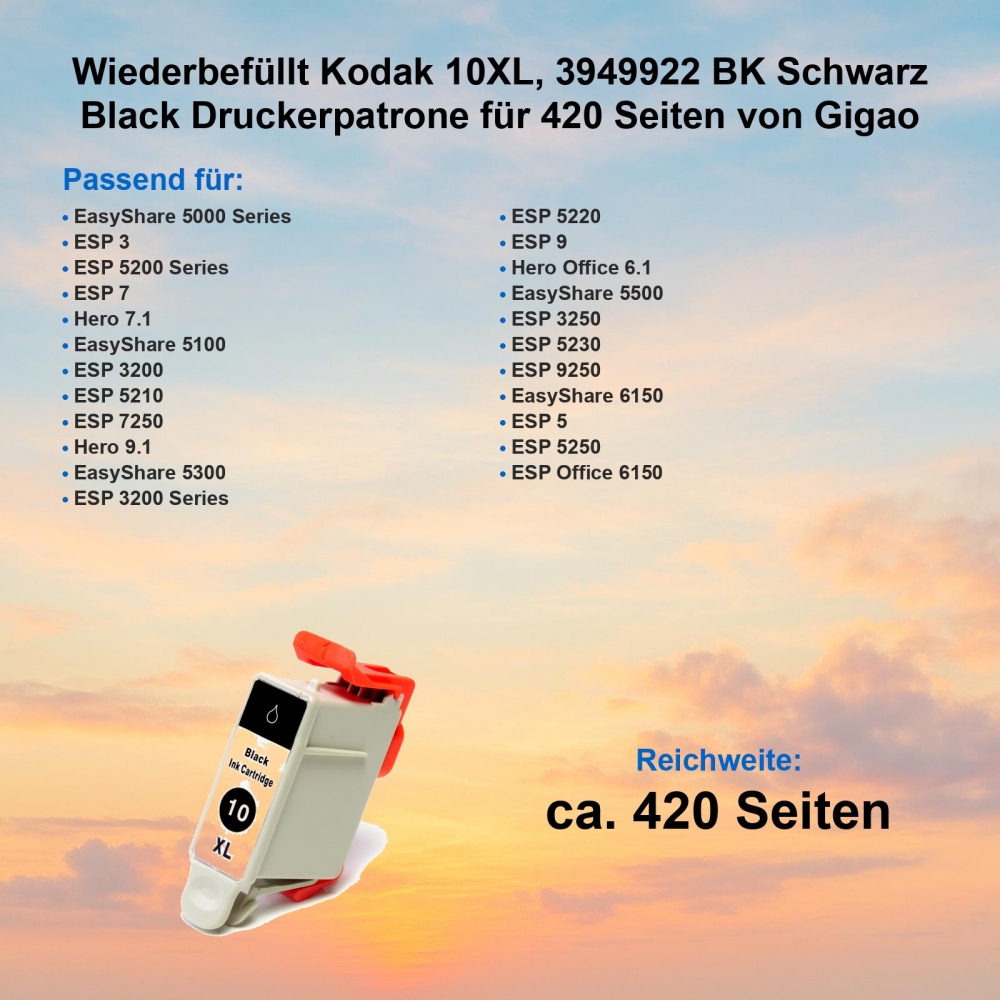 Kompatibel Kodak 10XL, 3949922 BK Schwarz Black Druckerpatrone für 420 Seiten von Gigao