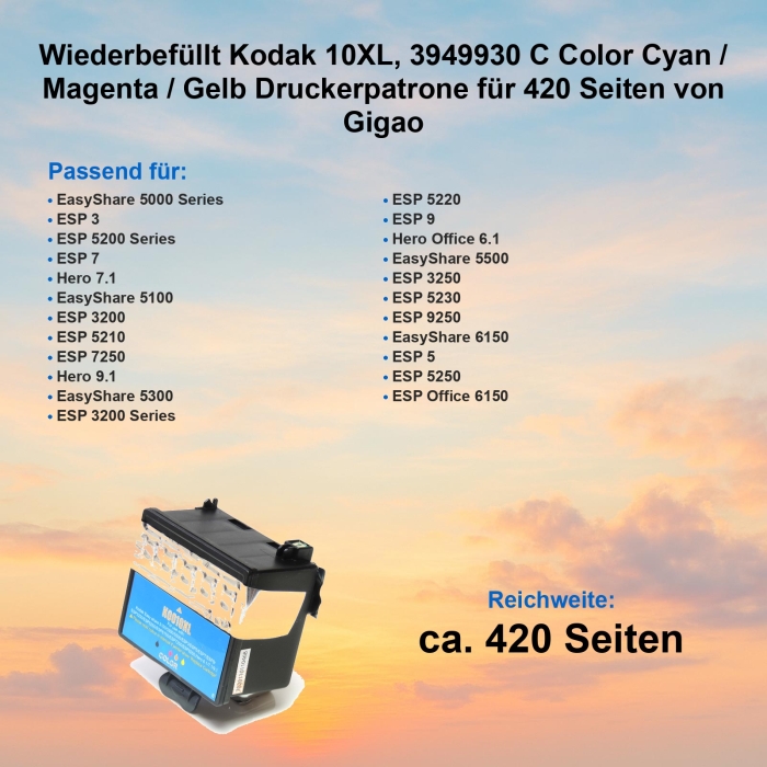 Wiederbefüllt Kodak 10XL, 3949930 C Color Cyan /...