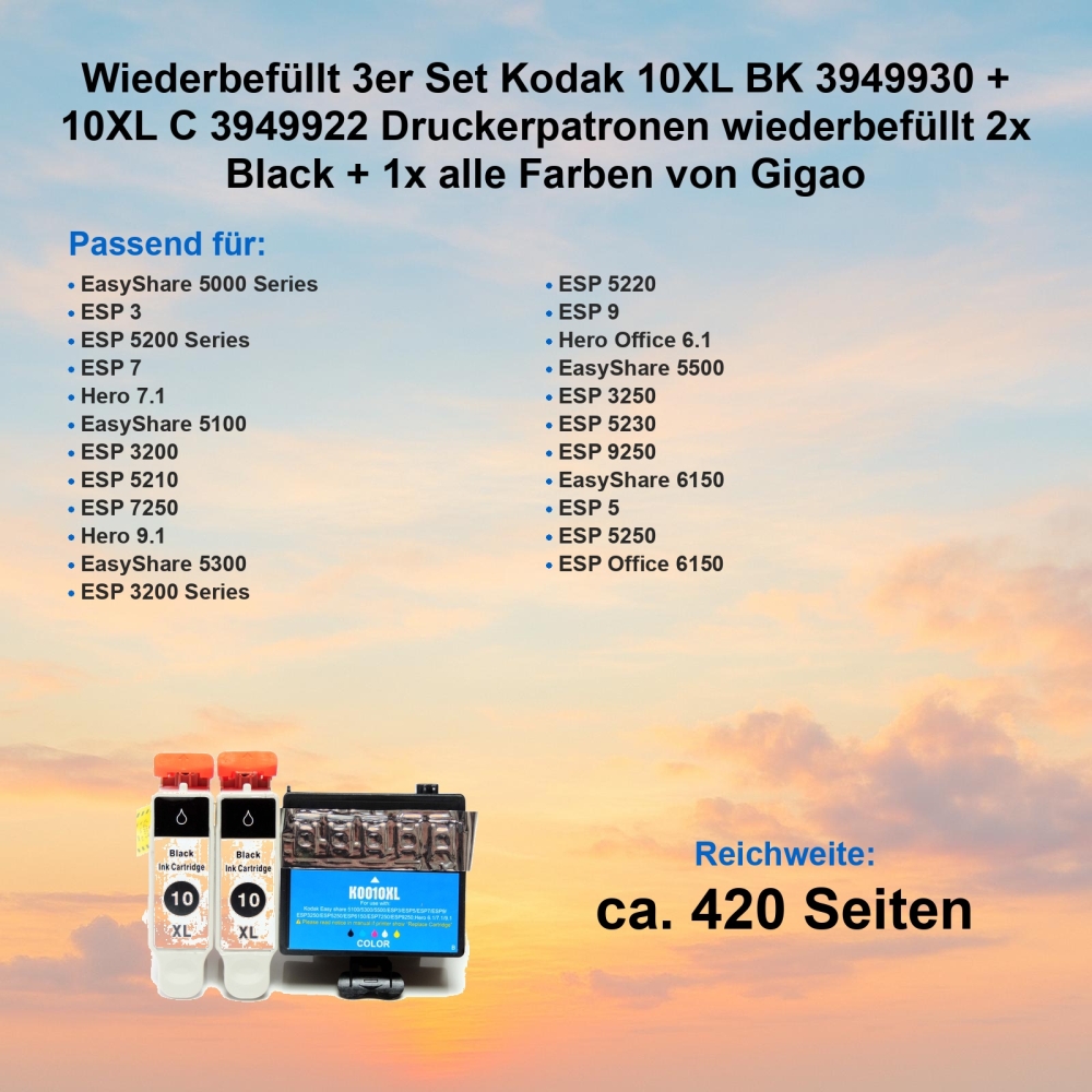 Wiederbefüllt 3er Set Kodak 10XL BK 3949930 + 10XL C 3949922 Druckerpatronen wiederbefüllt 2x Black + 1x alle Farben von Gigao
