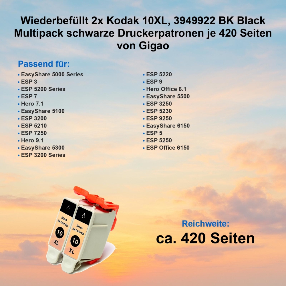 Kompatibel 2x Kodak 10XL, 3949922 BK Black Multipack schwarze Druckerpatronen je 420 Seiten von Gigao
