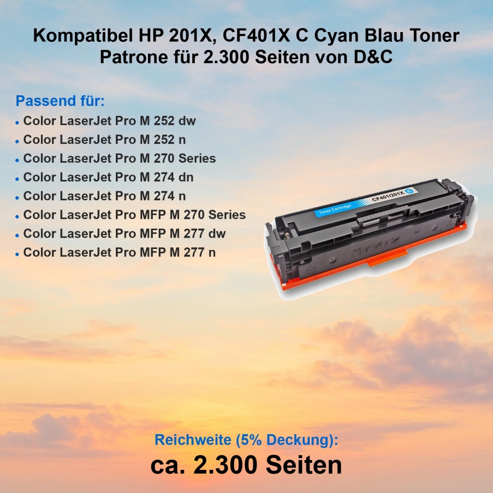 Kompatibel HP 201X, CF401X C Cyan Blau Toner Patrone für 2.300 Seiten von D&C
