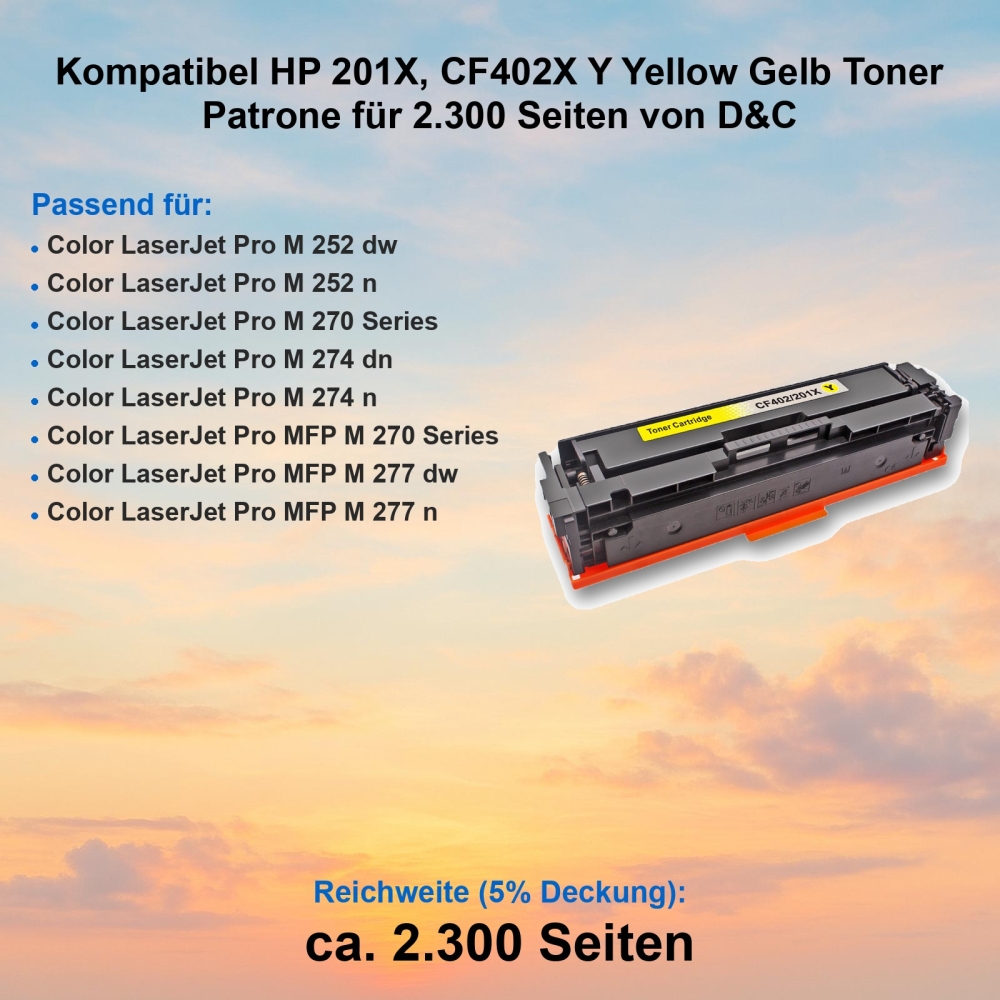Kompatibel HP 201X, CF402X Y Yellow Gelb Toner Patrone für 2.300 Seiten von D&C