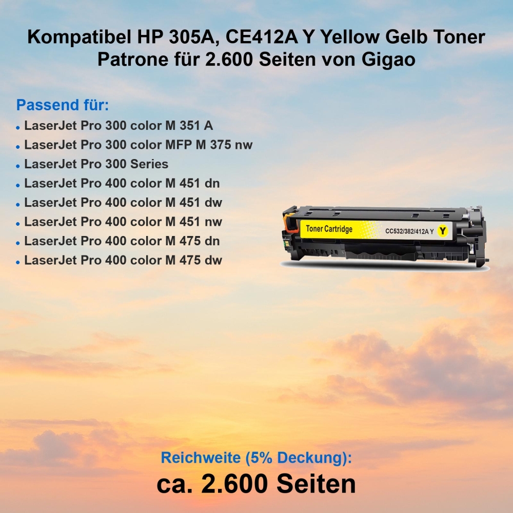 Kompatibel HP 305A, CE412A Y Yellow Gelb Toner Patrone für 2.600 Seiten von Gigao