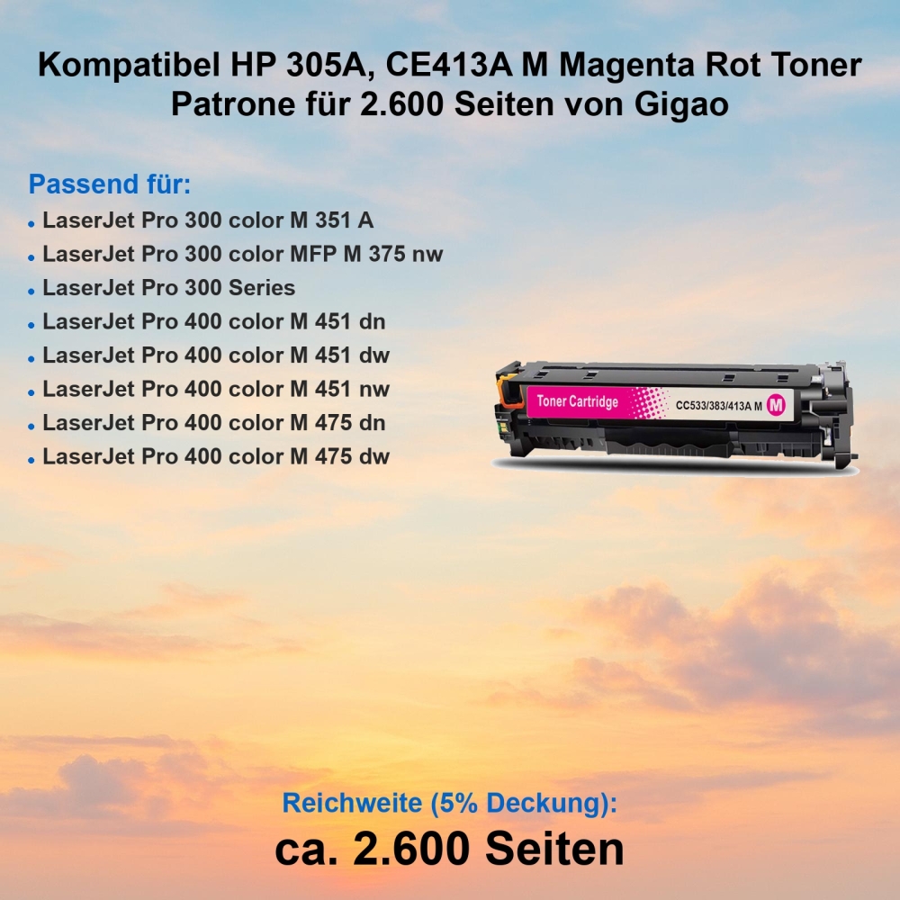 Kompatibel HP 305A, CE413A M Magenta Rot Toner Patrone für 2.600 Seiten von Gigao