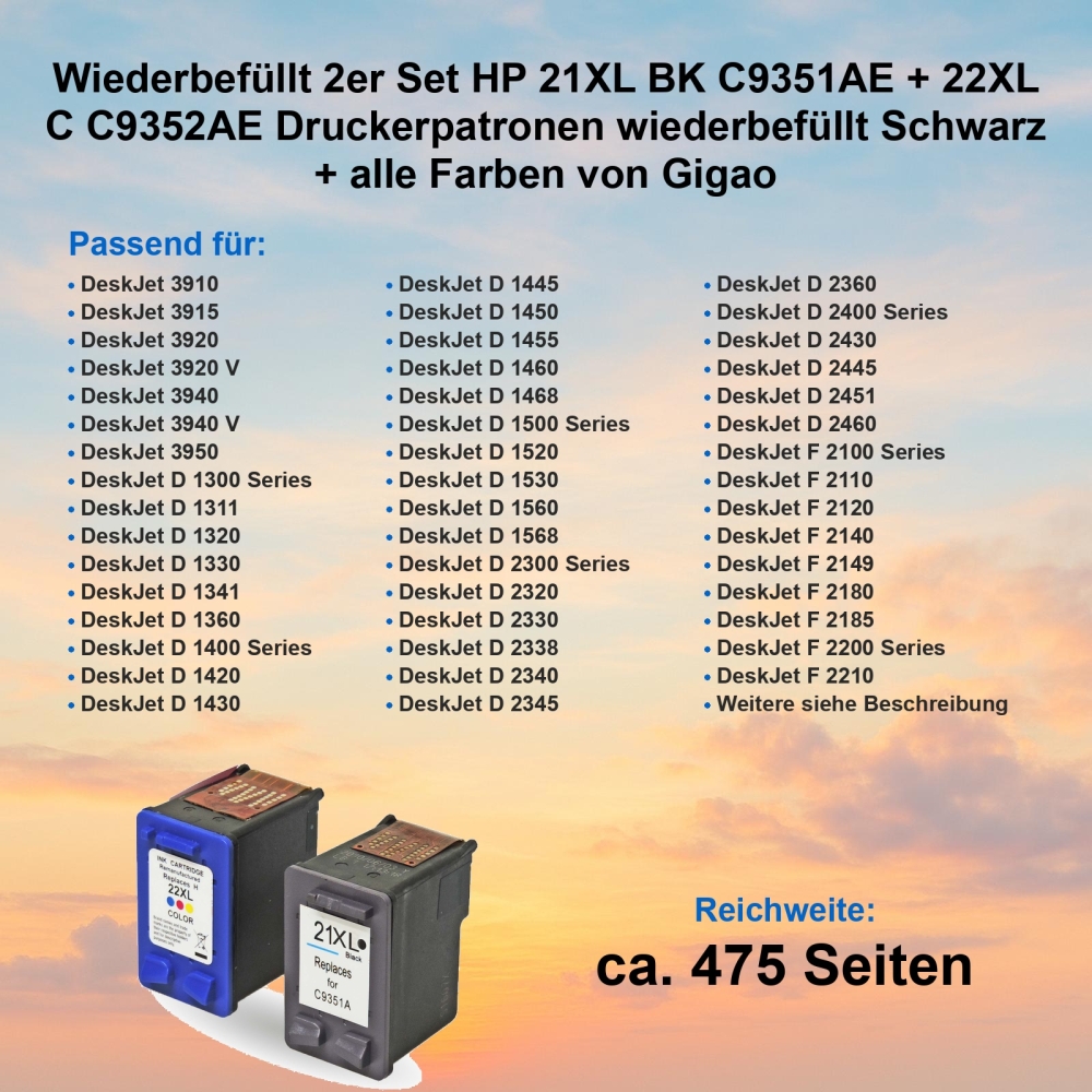 Wiederbefüllt 2er Set HP 21XL BK C9351AE + 22XL C C9352AE Druckerpatronen wiederbefüllt Schwarz + alle Farben von Gigao
