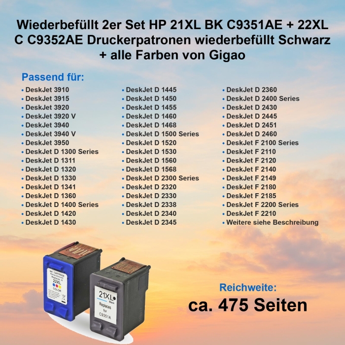 Wiederbefüllt 2er Set HP 21XL BK C9351AE + 22XL C C9352AE Druckerpatronen wiederbefüllt Schwarz + alle Farben von Gigao