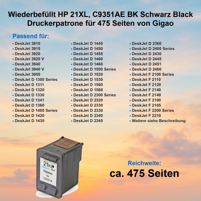 Kompatibel HP 21XL, C9351AE BK Schwarz Black...