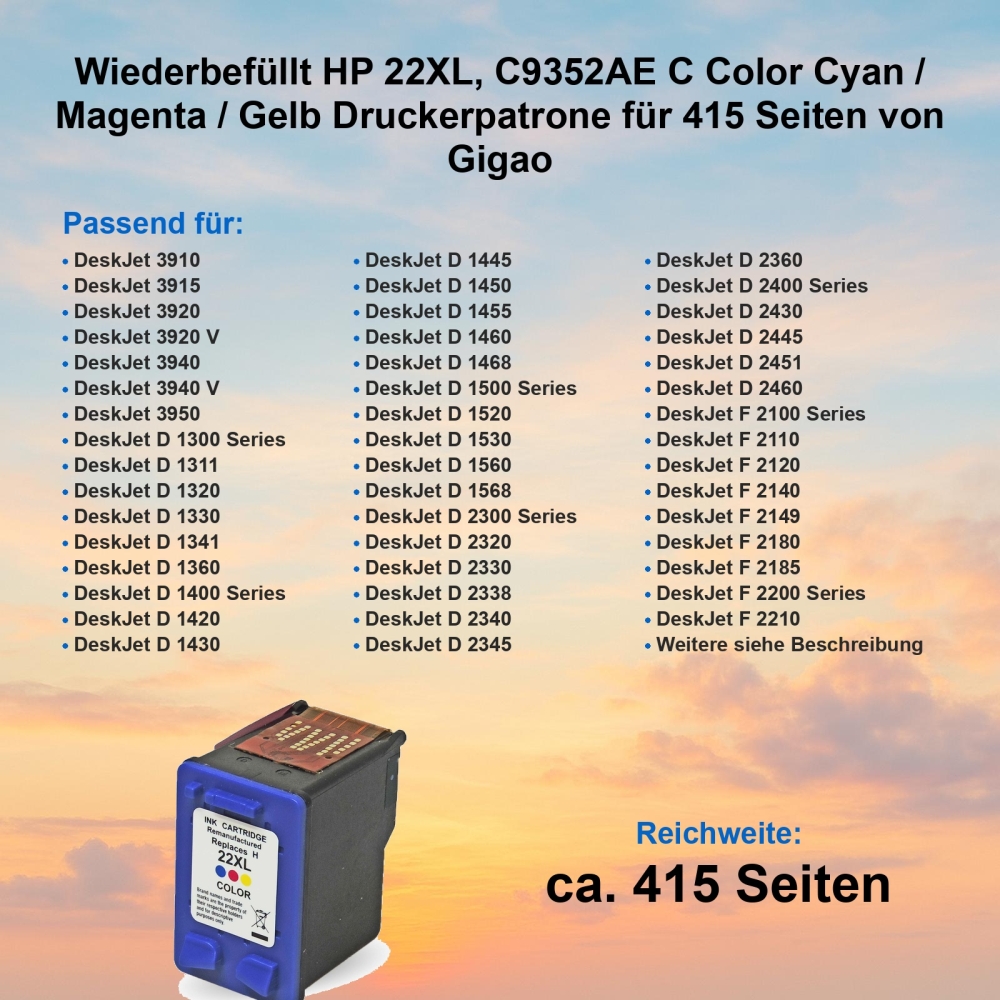 Kompatibel HP 22XL, C9352AE C Color Cyan / Magenta / Gelb Druckerpatrone für 415 Seiten von Gigao
