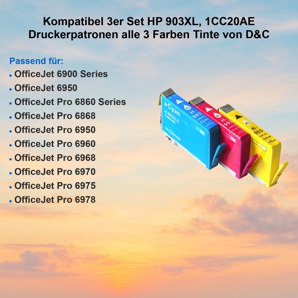 Kompatibel 3er Set HP 903XL, 1CC20AE Druckerpatronen alle 3 Farben Tinte von D&C