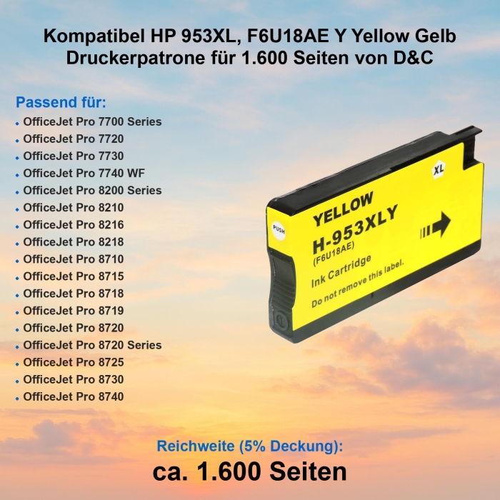 Kompatibel HP 953XL, F6U18AE Y Yellow Gelb Druckerpatrone...