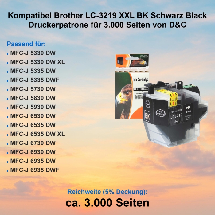 Kompatibel Brother LC-3219 XXL BK Schwarz Black Druckerpatrone für 3.000 Seiten von D&C