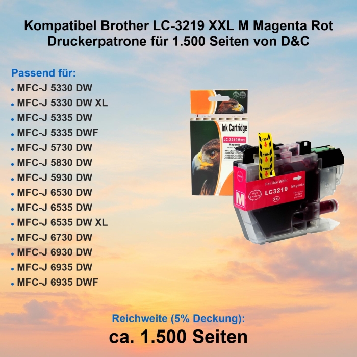 Kompatibel Brother LC-3219 XXL M Magenta Rot Druckerpatrone für 1.500 Seiten von D&C