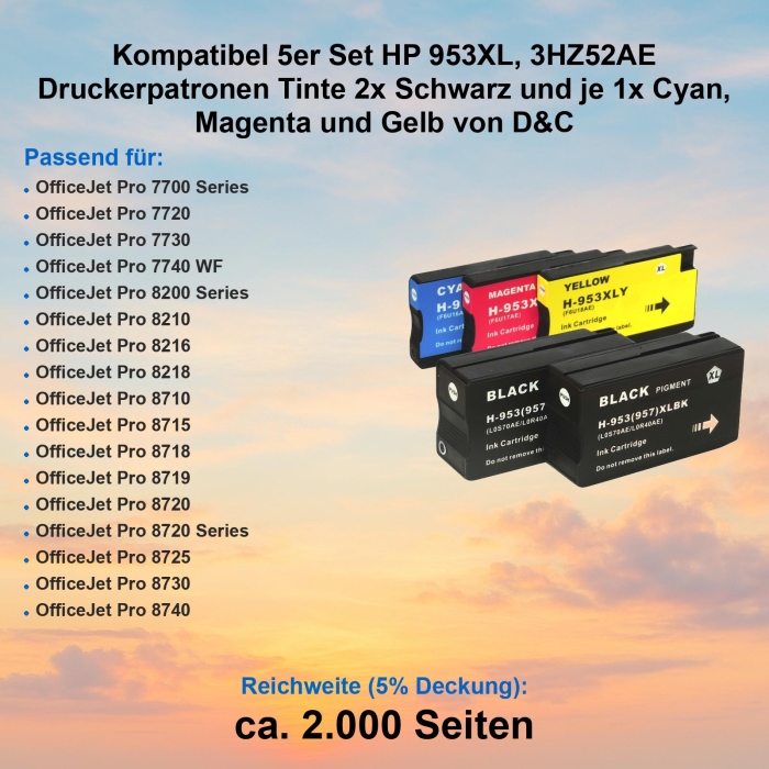 Kompatibel 5er Set HP 953XL, 3HZ52AE Druckerpatronen Tinte 2x Schwarz und je 1x Cyan, Magenta und Gelb von D&C