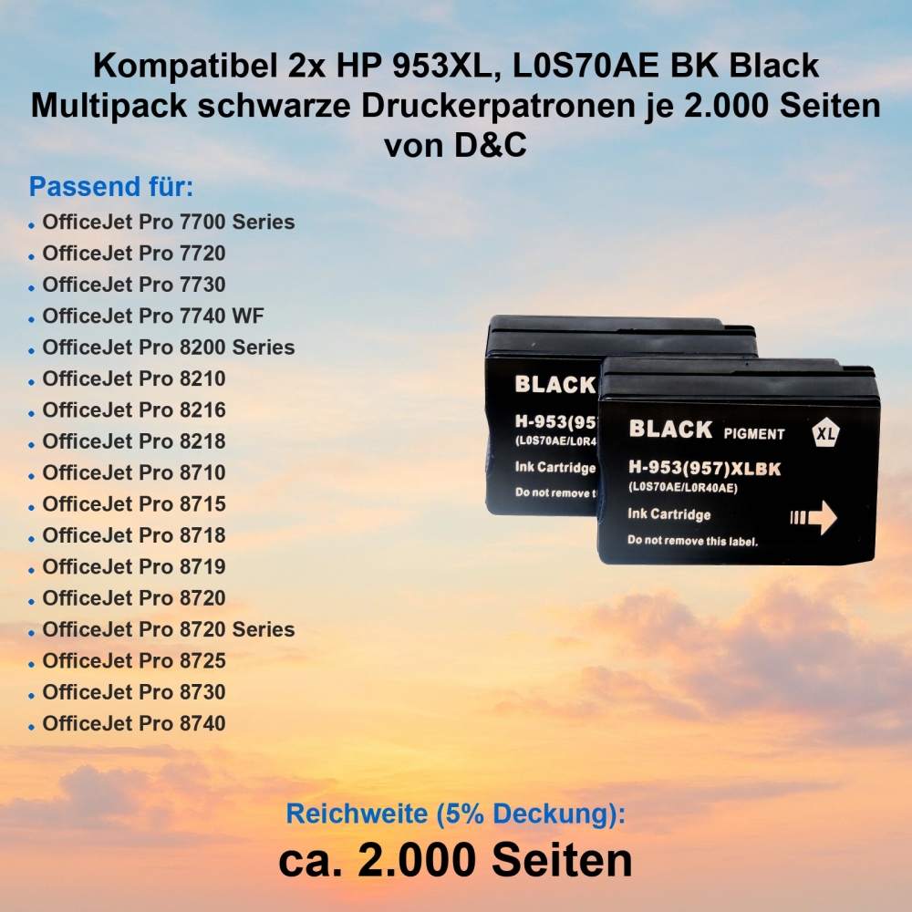 Kompatibel 2x HP 953XL, L0S70AE BK Black Multipack schwarze Druckerpatronen je 2.000 Seiten von D&C