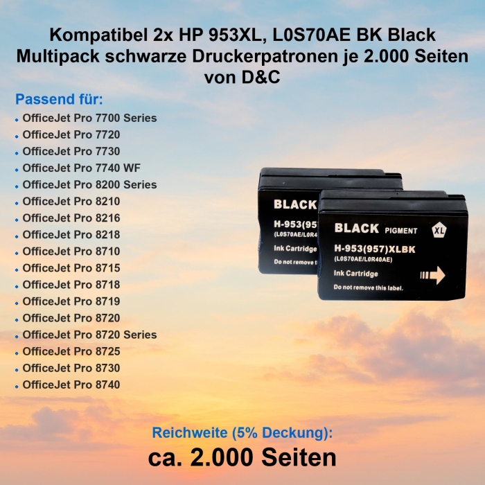 Kompatibel 2x HP 953XL, L0S70AE BK Black Multipack schwarze Druckerpatronen je 2.000 Seiten von D&C