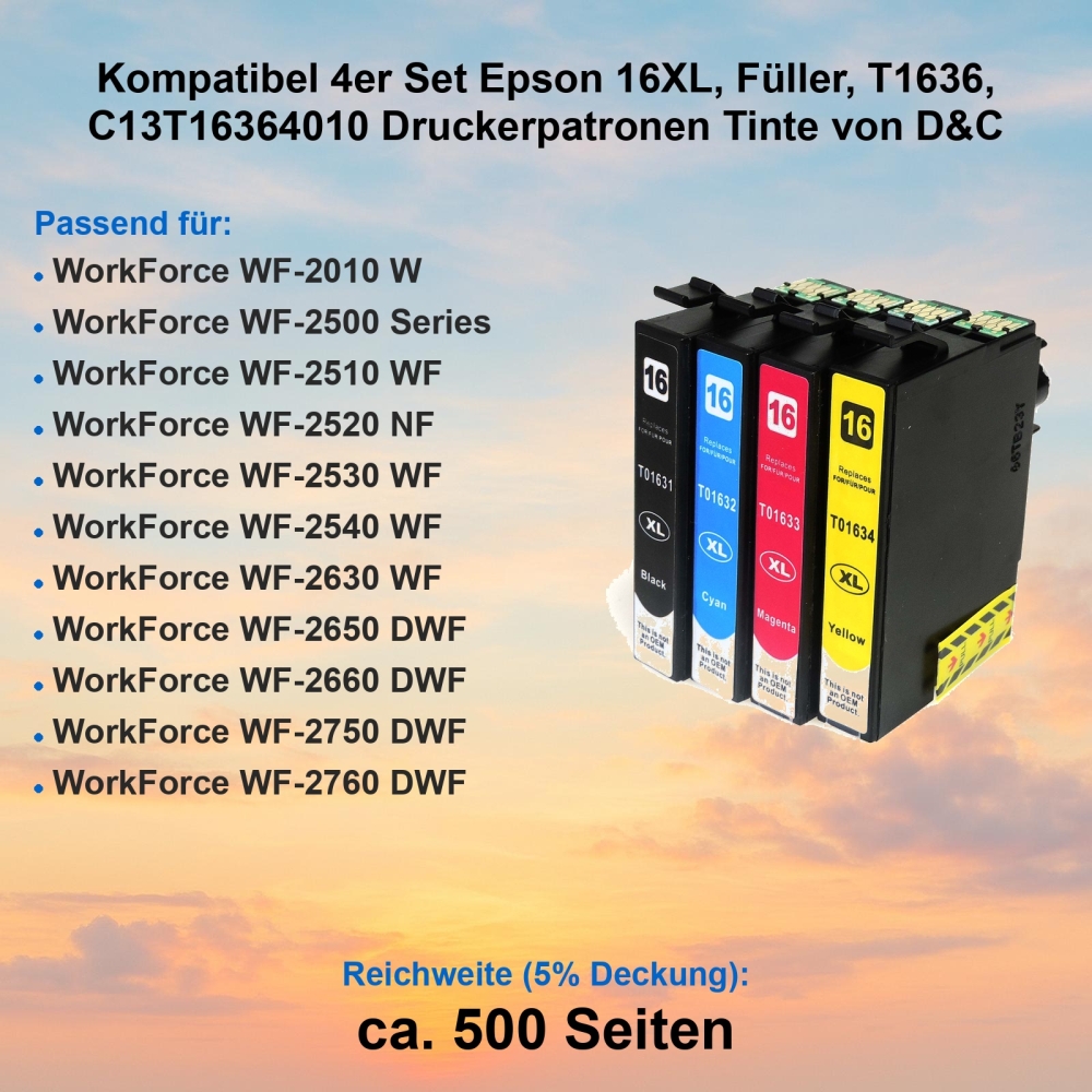 Kompatibel 4er Set Epson 16XL, Füller, T1636, C13T16364010 Druckerpatronen Tinte von D&C