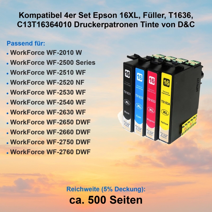 Kompatibel 4er Set Epson 16XL, Füller, T1636, C13T16364010 Druckerpatronen Tinte von D&C