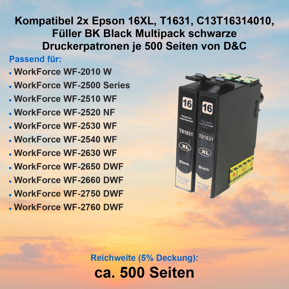 Kompatibel 2x Epson 16XL, T1631, C13T16314010, Füller BK Black Multipack schwarze Druckerpatronen je 500 Seiten von D&C
