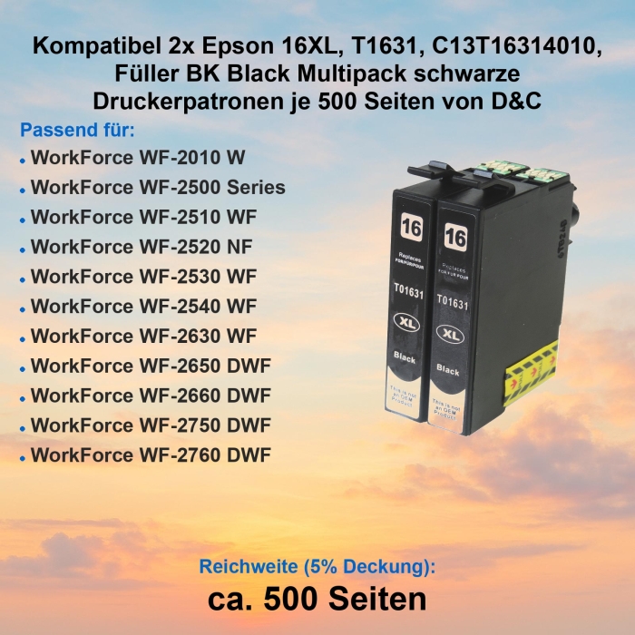 Kompatibel 2x Epson 16XL, T1631, C13T16314010, Füller BK Black Multipack schwarze Druckerpatronen je 500 Seiten von D&C