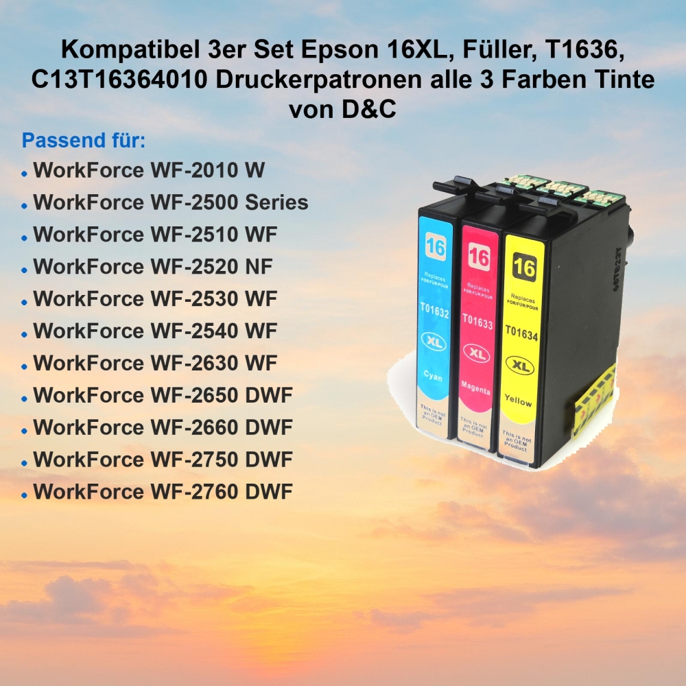 Kompatibel 3er Set Epson 16XL, Füller, T1636, C13T16364010 Druckerpatronen alle 3 Farben Tinte von D&C