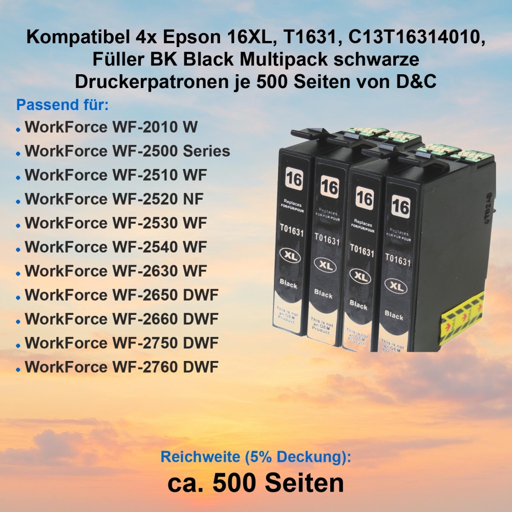 Kompatibel 4x Epson 16XL, T1631, C13T16314010, Füller BK Black Multipack schwarze Druckerpatronen je 500 Seiten von D&C