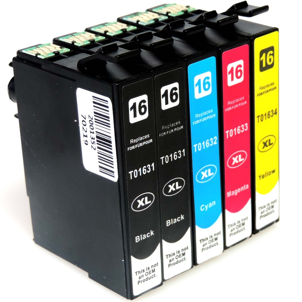 Kompatibel 5er Set Epson 16XL, Füller, T1636, C13T16364010 Druckerpatronen Tinte 2x Schwarz und je 1x Cyan, Magenta und Gelb von D&C