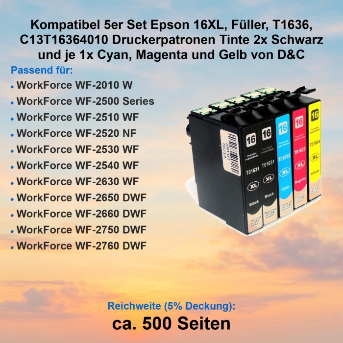 Kompatibel 5er Set Epson 16XL, Füller, T1636, C13T16364010 Druckerpatronen Tinte 2x Schwarz und je 1x Cyan, Magenta und Gelb von D&C