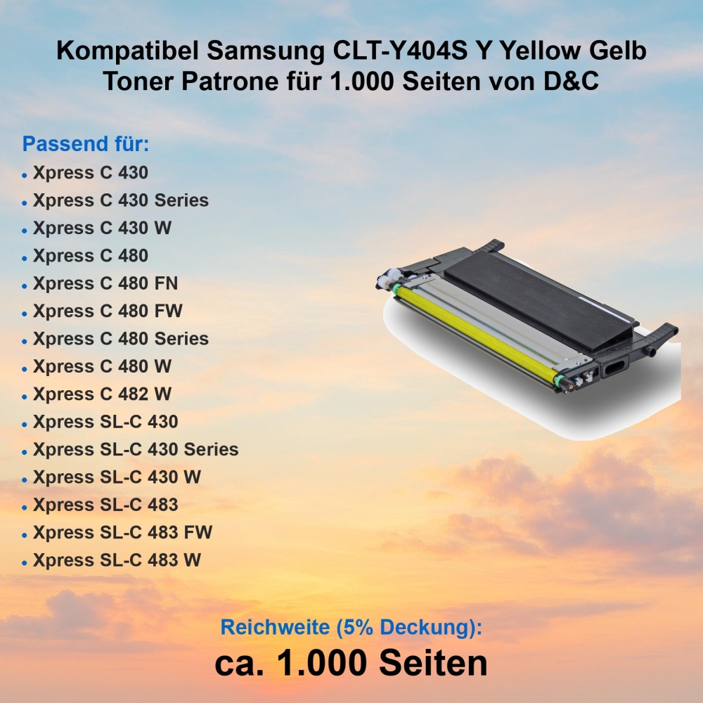 Kompatibel Samsung CLT-Y404S Y Yellow Gelb Toner Patrone für 1.000 Seiten von D&C
