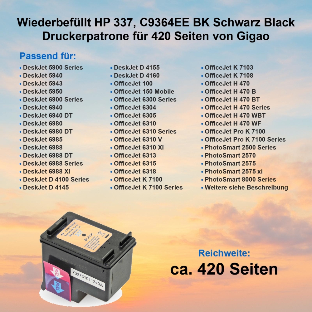 Kompatibel HP 337, C9364EE BK Schwarz Black Druckerpatrone für 420 Seiten von Gigao