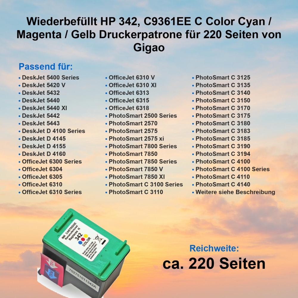Kompatibel HP 342, C9361EE C Color Cyan / Magenta / Gelb Druckerpatrone für 220 Seiten von Gigao