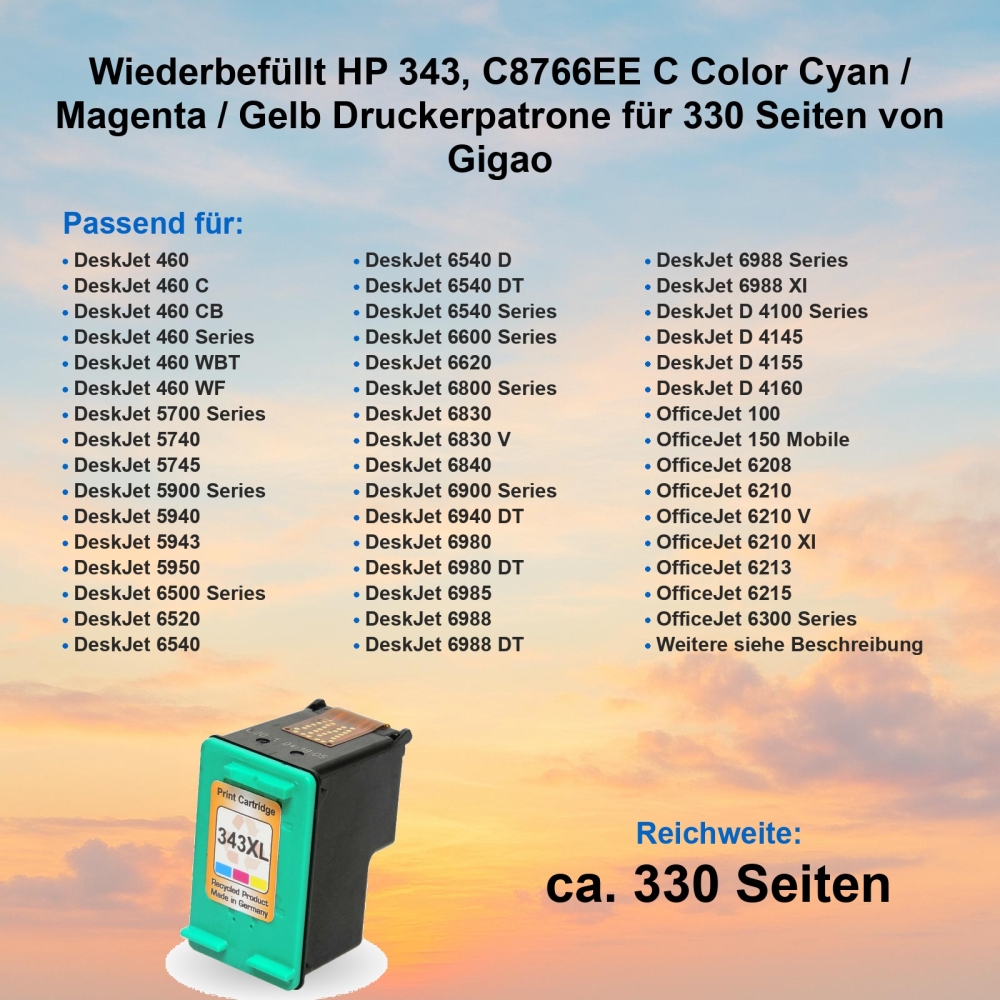Wiederbefüllt HP 343, C8766EE C Color Cyan / Magenta / Gelb Druckerpatrone für 330 Seiten von Gigao