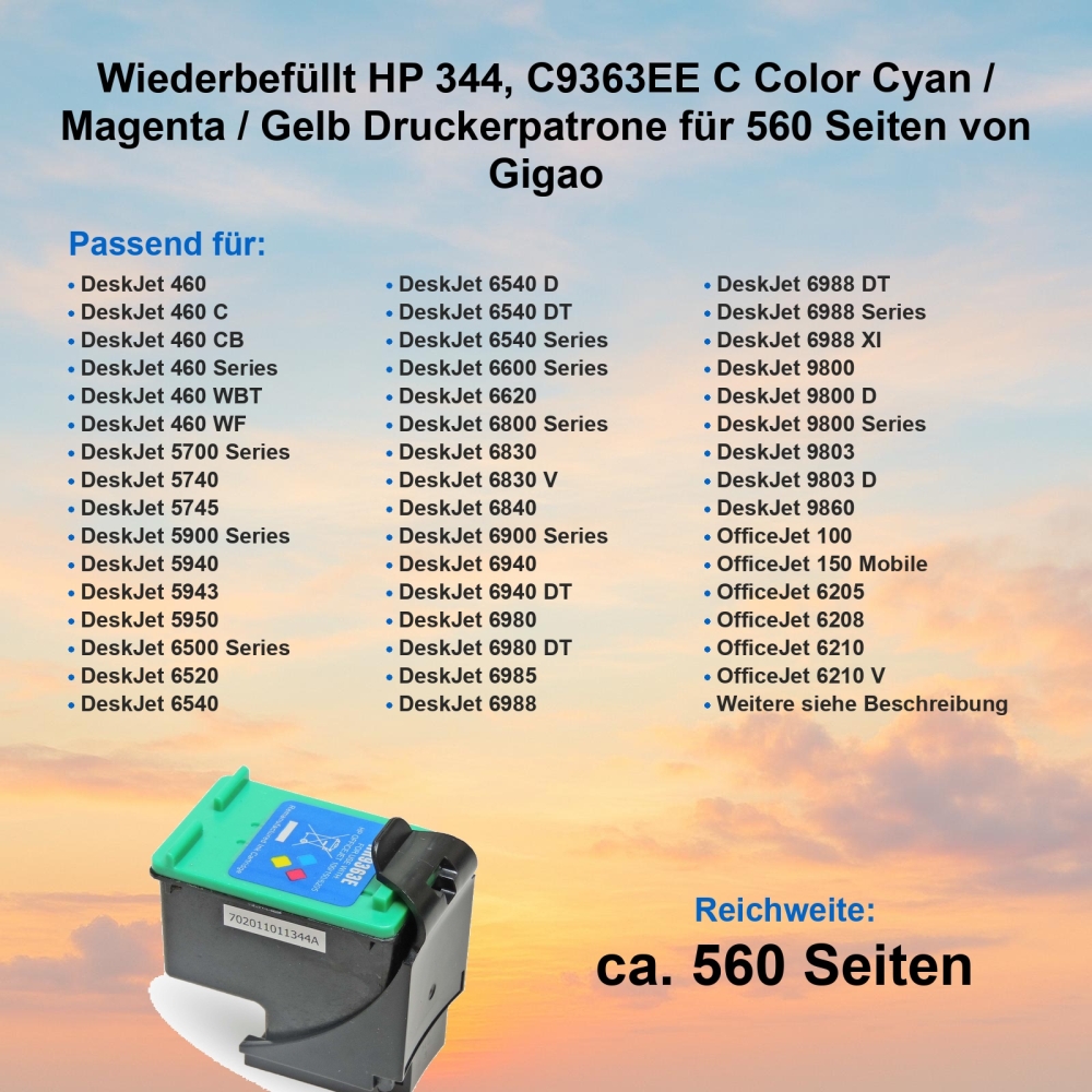Wiederbefüllt HP 344, C9363EE C Color Cyan / Magenta / Gelb Druckerpatrone für 560 Seiten von Gigao