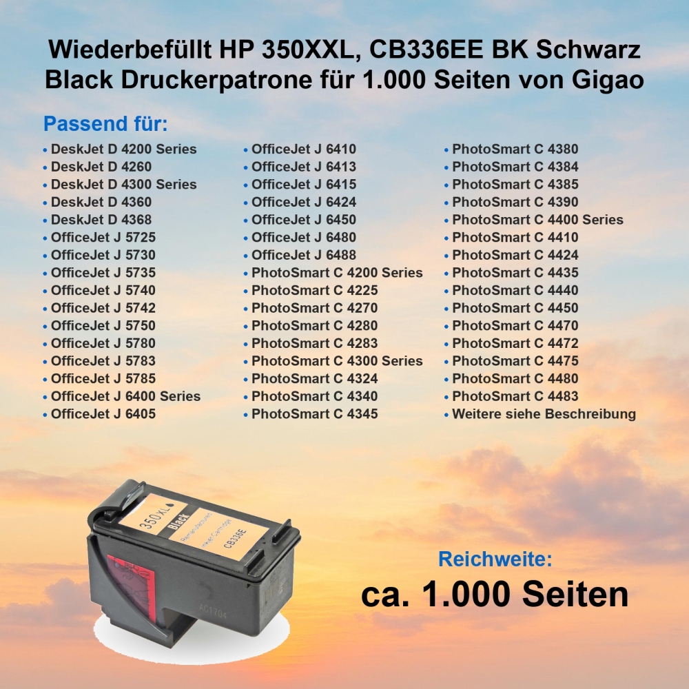 Kompatibel HP 350XXL, CB336EE BK Schwarz Black Druckerpatrone für 1.000 Seiten von Gigao