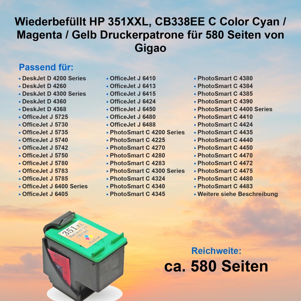 Kompatibel HP 351XXL, CB338EE C Color Cyan / Magenta / Gelb Druckerpatrone für 580 Seiten von Gigao